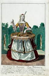 Beruf: Die Frau eines Zimmermanns. Gravur von Martin Engelbrecht (1684-1756), in „Neue Versammlung der bekleideten Handwerker“ 18. Jahrhundert, Deutschland. Paris, dekorative Künste
