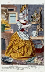 Der Koch. Gravur von Martin Engelbrecht (1684-1756), in „Neue Versammlung der manouvries habilles“ 18. Jahrhundert, Deutschland. Paris, Kunstgewerbemuseum