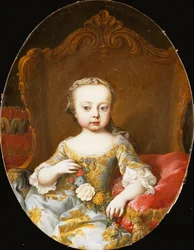 Porträt seiner Schwester, der Erzherzogin Maria Christine, sitzend, Dreiviertellänge, in einem goldbestickten blauen Kleid, eine Blumengirlande haltend