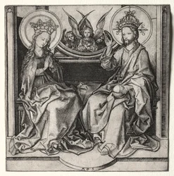 Gottvater und die selige Jungfrau auf dem Thron, begleitet von Engeln, ca. 1480-90