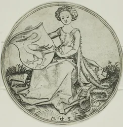 Schild mit einem Schwan, gehalten von einer sitzenden Dame