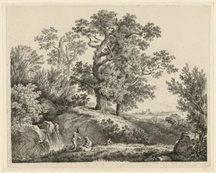 Landschaft mit Wasserfall und ruhender Familie