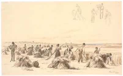 Erntearbeiter auf dem Feld. Im Hintergrund Mühlen und das Meer