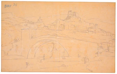 Italienische Landschaft mit einer Brücke über einen Fluss und der Stadt Subiaco im Hintergrund