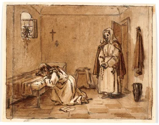 Kompositionsstudie mit einer knienden, weinenden Frau, auf dem Boden ein Brief, hinter ihr eine Nonne