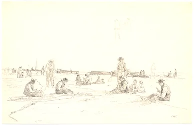 Fischer flicken Netze am Strand, Skagen