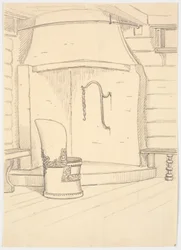 Kamin und runder Holzstuhl mit Rückenlehne