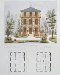 Projekt für ein kleines Landhaus in der Nähe von Paris, graviert von Walter, Tafel 18 aus Architecture Pittoresque et Moderne