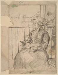 Susan auf einem Balkon mit einem Hund im Arm [Vorderseite]