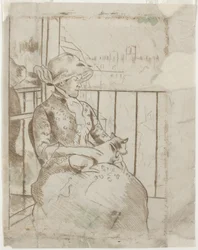 Susan auf einem Balkon, die einen Hund hält [verso], ca. 1883