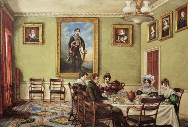 Esszimmer in Langton Hall, Familie beim Frühstück, um 1832-3