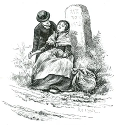Eine mittellose, unverheiratete Mutter wird erschöpft auf dem Weg zum Armenhaus mit ihrem Baby gefunden. Szene erinnert an einen Roman von Thomas Hardy, aber nicht ungewöhnlich in ländlichen Gebieten im ganzen Land. Illustration von Mary Ellen Edwards ca. 