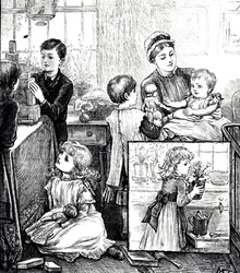 Eine Gravur, die eine reguläre Szene einer wohlhabenden viktorianischen Familie zeigt