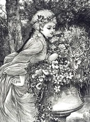 Eine Gravur, die ein junges Mädchen zeigt, das an Blumen riecht, die in einer Gartenurne untergebracht sind. Illustriert von Mary Ellen Edwards (1838-1934), einer englischen Künstlerin und Illustratorin von Kinderbüchern