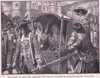 Die Menschen von Edinburgh eskortieren den Herzog von Hamilton zum Holyrood Palace AD 1706