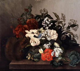 Stillleben mit Eichhörnchen und Geranien. Gemälde von Mary Lawrence (geboren im 18. Jahrhundert)