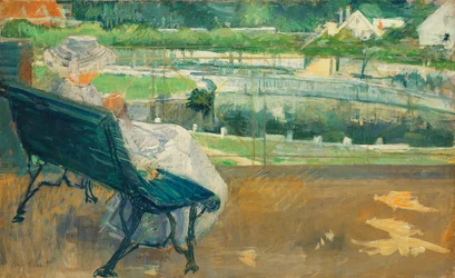 Lydia sitzt auf einer Veranda und häkelt, ca. 1881