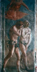 Adam und Eva aus dem Paradies vertrieben, Detail, vor der Restaurierung, ca. 1427