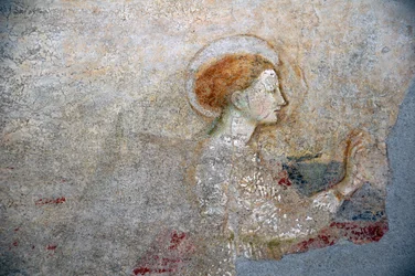 Fresko von Masolino da Panicale in der Taufkapelle von Castiglione, Detail der Verkündigung
