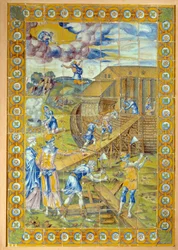Der Bau der Arche Noah. Linkes Panel des Triptychons, das 3 Episoden der Sintflut darstellt. Keramik von Masseot Abaquesne