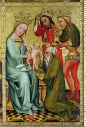 Die Anbetung der Könige vom Hochaltar von St. Peter in Hamburg, der Grabower Altar, 1383 (Tempera auf Holz)