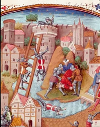 Eroberung einer befestigten Stadt (Detail). Miniatur aus „De casibus“ von Giovanni Boccaccio (1313-1375), italienischer Schriftsteller, übersetzt von Laurent de Premierfait und illuminiert vom Meister von Dunois (15. Jh.)