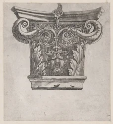 Speculum Romanae Magnificentiae: Kapitell mit Erbsenschoten-Voluten und Satyrkopf, ca. 1537