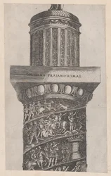 Speculum Romanae Magnificentiae: Der obere Teil der Trajanssäule, zeigt Ara..., 16. Jahrhundert