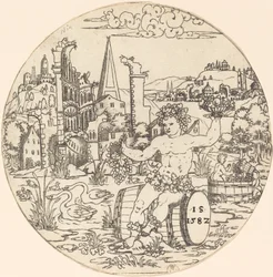 Bacchus sitzt in einer Landschaft