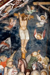 Der reuige Dieb, gekreuzigt mit Jesus, seine Seele wird von einem Engel umarmt. Darstellung des guten Diebes, auch genannt Dismas