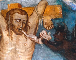 Der unbußfertige Dieb, gekreuzigt mit Jesus, seine Seele wird von einem Dämon aus seinem Mund gerissen (Fresko)