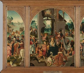 Triptychon mit Anbetung der Könige (Mitte und innere Flügel), Heiliger Antonius Abt (links, äußerer Flügel) und Heiliger Adrian (rechts, äußerer Flügel)