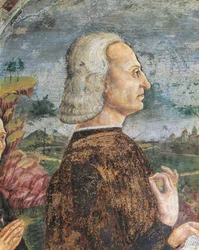 Italien, Region Piemont, Provinz Alessandria, Serralunga di Crea, Sacro Monte di Crea, Heiligtum Santa Maria Assunta, Kapelle der Heiligen Margareta von Antiochia, Porträt von Guglielmo VIII. Paleologo, Markgraf von Monferrato, Fresko