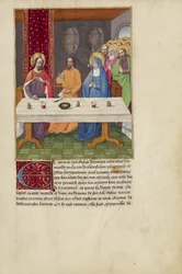 Judas sitzt an einem Tisch zwischen Christus und der Jungfrau