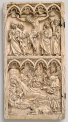 Blatt aus einem Diptychon mit der Kreuzigung und Geburt Christi