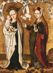 Die Jungfrau und das Kind mit der heiligen Maria Magdalena, die dem Kind eine Rose anbietet