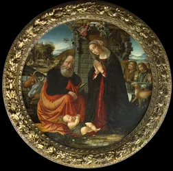 Die Geburt Christi, mit Maria und Joseph auf dem Weg nach Bethlehem, die Verkündigung an die Hirten und die Ankunft der Hirten