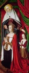 Das Bourbon-Altarbild, rechte Tafel, die hl. Anna präsentiert Anne von Frankreich und ihre Tochter Suzanne von Bourbon, um 1498