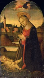 Die Madonna, die das Kind anbetet, eine Stadt an einem Fluss im Hintergrund, um 1478