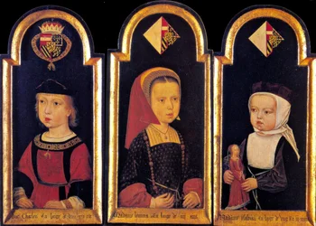 Erzherzog Karl, der spätere Heilige Römische Kaiser Karl V., mit seinen Schwestern Eleonore und Isabella im Alter von 2 Jahren, 1502