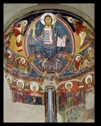 Christus in Majestät flankiert von Seraphim und Symbolen der Evangelisten, Apsismalerei aus San Climente in Taull (Tahull) Katalonien, ca. 1123