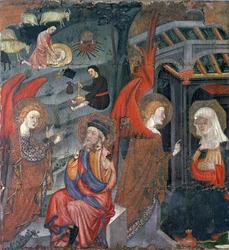 Die Verkündigung mit Hirten, die im Hintergrund Käse machen, von einem Altarbild der Jungfrau, aus Tora, Segarra, Lleida