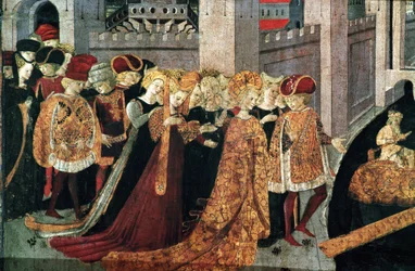 Decameron von Boccaccio: der Burgherr Pericone empfängt Alatiel, Tochter des Sultans von Babylon Beminedab und ihre Gefolgschaft auf der Insel Mallorca