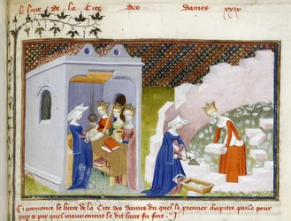 Detail einer Miniatur von Christine vor den Personifikationen von Vernunft, Rechtschaffenheit und Gerechtigkeit und Christine mit Vernunft beim Bau der Cité des Dames