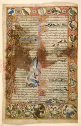 Add. 28841, fol. 1, ganzseitige geometrische Bordüren aus Rauten, Medaillons und Vierpässen, bevölkert von Tieren und figürlichen Szenen: Vögel, Reptilien und Tiere, darunter Löwen, die andere Kreaturen angreifen, und miteinander kämpfende Vögel, ein