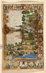 Geometrische ganzseitige Ränder von Rhomben, Rundeln und Vierpässen, die von Tieren und figurativen Szenen bewohnt werden: Hirten, die über Schafe und Ziegen wachen und Wölfe abwehren, ein roter Teufel, der auf einem Pferd im Rand steht, aus einem Traktat