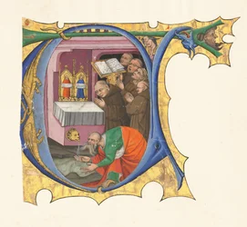 Initiale T mit einer Gruppe von Benediktinermönchen, die vor einem Altar singen, aus dem Wasser fließt