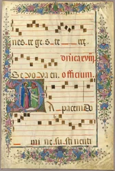 Seite aus einem Chorbuch mit Christus und einem Pharisäer in einem historisierten Initial "D"