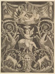 Ein Ornamentpanel mit einem Putto in der Mitte, der eine Windmühle hält, 1532
