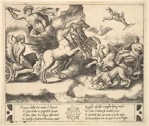 Apollo in seinem von Pferden gezogenen Wagen links, über ihm Jupiter, der einen Donnerkeil schleudert